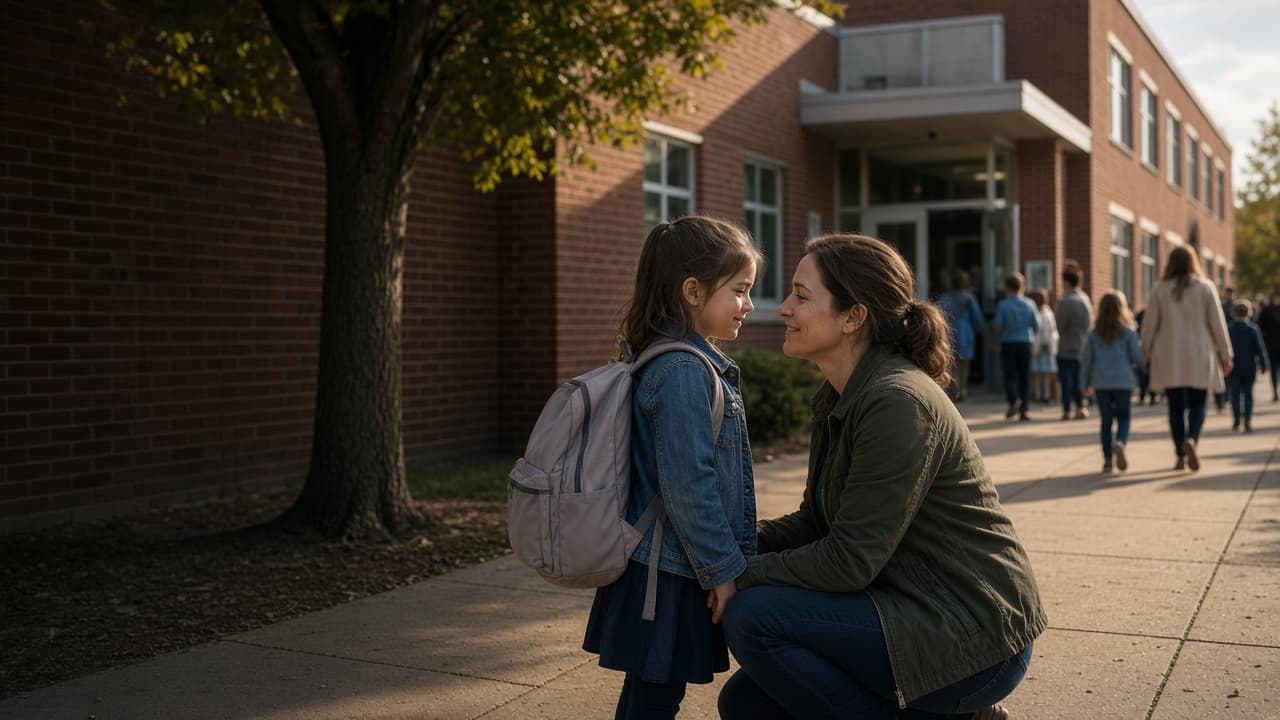 A parent kneeling down to greet their child at elementary school pickup.